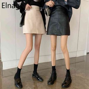 Elnage Style coréen Pu Cuir Rétro Slim Fit Taille haute Pack Hip A Word Jupe pour femmes Court Printemps Automne 5A053 210629