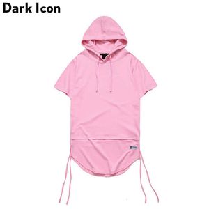 T-shirt pour hommes à ourlet incurvé allongé avec capuche d'été côté chaîne vierge hip hop t-shirt à manches courtes noir rose 210603