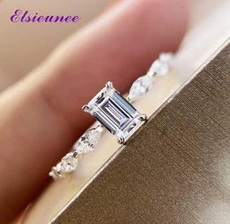 Elsieunee 100 925 Sterling Emerald Cut Simulated Moissanite Diamond Wedding Ring Fashion Fine Bijoux Gift Fomen Whole9413920