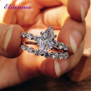 Anillos de racimo ELSIEUNEE 100% Plata de Ley 925 Marquesa Moissanite simulado Diamante Boda Anillo de compromiso Conjuntos nupciales al por mayor