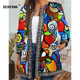 ELSVIOS Autumn Winter Fashion Loose Women Folk-Custom Print Jacket Jassen Casual Retro Long Mouwen Lagen Legante vest Coard Coats 220815