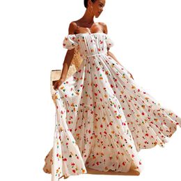 Elsvios White Print Maxi Party Jurk Dames Zomer Sexy Off Schouder Boheemse Lange Jurk Dames Bladerdeeg Korte Mouw Party Jurk Vestidos