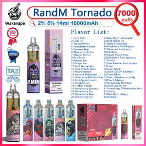 Original RandM Tornado 7000 Puffs 44 Flavors Electronic Cigarettes Disposable Vape Pen 14ml Pod Mesh Coil Rechargeable Air-adjustable 2% 5% Device VS RandM 7k 9k 10k