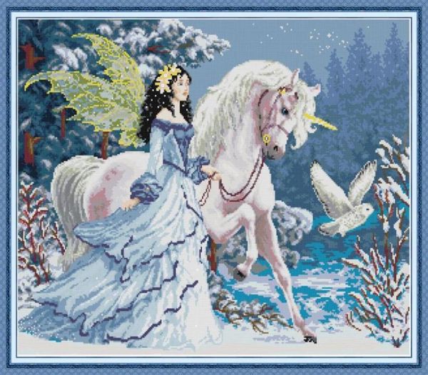 Elfes Riding Unicorns Home Cross Stitch Kit à la main de croix à main