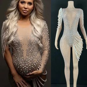 Verfraaide zwangerschapsbodysuit voor zwangerschapsfotoshoot Luxe Club Charmante Sexy Kralen Dames Parelrijnstion Jumpsuits