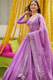 Verfraaide spiegel lavendel prom gelegenheid jurken met wrap Indian Two Pieces Crystal Muslim Lehengas avondjurk Vestido