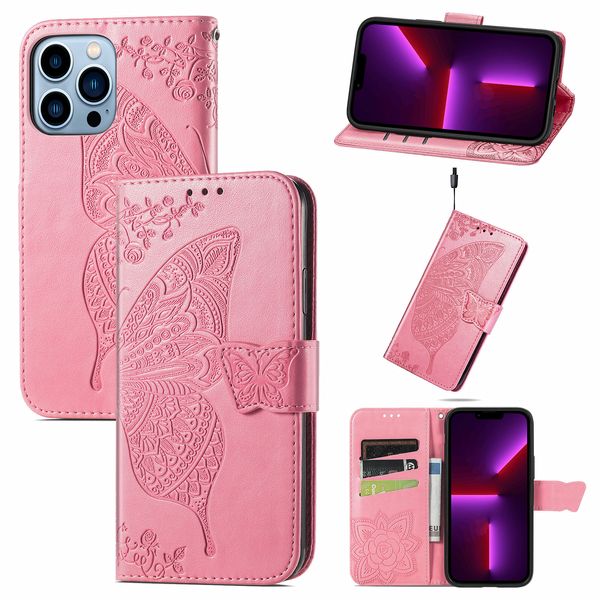 Emboss Papillon Fleur PU Portefeuille En Cuir Flip Stand Téléphone Cas pour iPhone 13 12 11 Pro Max Mini XR XS X 8 7 6 Plus Samsung A22 A32 A51 A71 A33 A53 S21 S20