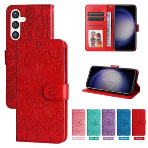 Emboss Zonnebloem lederen portemonnee hoesjes voor Samsung S23Ultra S22 Iphone 15 14 13 Pro Max 12 11 XR XS reliëf bloemenafdruk bloemenhouder Flip Cover portemonnee riem