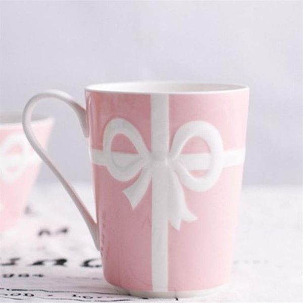 Tasse bowknot en relief tasse de couleur rose bleu et tasse de tasse de porcelaine 350 ml de café en porcelaine blanche Gift 228d