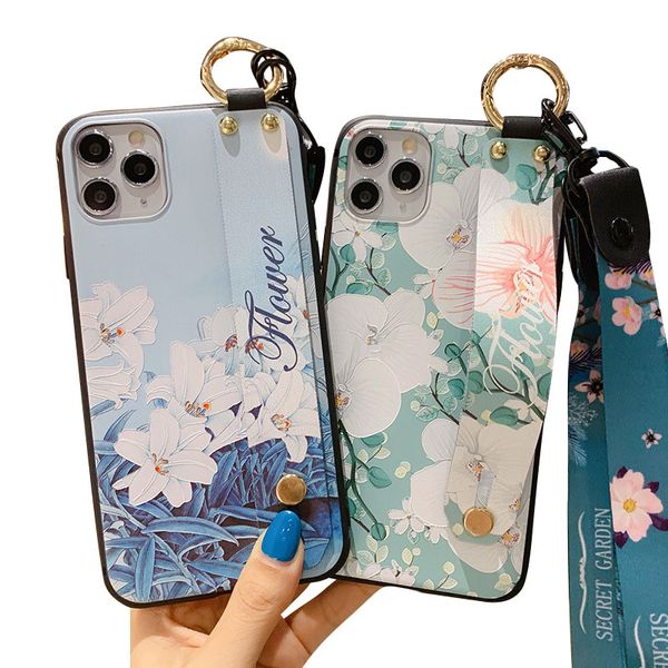 Corde de poignet de fleur en relief Cas de téléphone portable Support de cas souple Beck Longe Couverture de téléphone Fleur de style chinois et couverture arrière d'herbe pour Apple 14 Iphone Pro Max plus 13 12 11