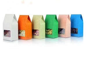 Embossing Kraft papieren zak / doos rijst / maïs / thee / thee / cookie / snoep met transparante vierkante venster gift verpakking tas / doos 8 * 15.5cm zes kleur