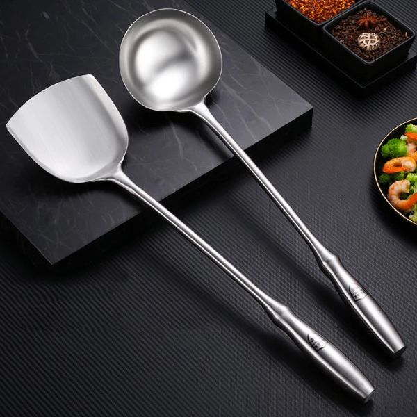 Espátula para Wok de acero inoxidable 304 con mango largo en relieve, espátula ranurada para Cocina, cuchara para arroz, cucharón, utensilios de Cocina, Utensilio Cocina