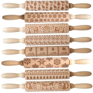 Embossing Rolling Pin Merry Christmas Decorations Cookies Biscuit Fondant Cake Deeg Gegraveerde Roller Houten Bakvormen