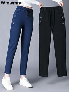 Uitgebufferde jeans dames hoge taille enkel lengte harem denim broek vintage blauwblack lente herfst vaqueros veter stretch Jeanssy 240416