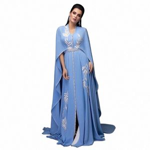 Borduren Moslim Hemelsblauw Lg Avondjurken Vrouwen Elegante V-hals Party Dr Speciale Ocn Marokkaanse Dubai Kaftan Gala Gewaad x19h #