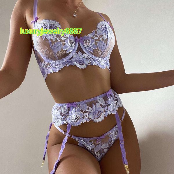 Broidered 3 pièces lingerie ensemble exotique personnalisé en vrac acheter de la lingerie transparente femme sexy lingerie florale