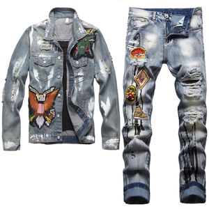 Geborduurde badge herenjack jeans 2 stks sets retro blauw denim vest en broek fashon slanke fit punk street mannelijke kleding