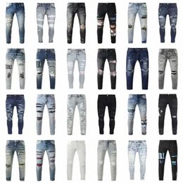 Jeans de motard brodés pour hommes - Denim de créateur avec patchwork déchiré, style tendance pour les passionnés de moto 00Wb #