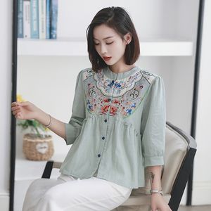 Chemise brodée en coton et lin, vêtements d'extérieur amples et décontractés de style ethnique pour femmes, chemise cardigan à manches quarts, été 2024