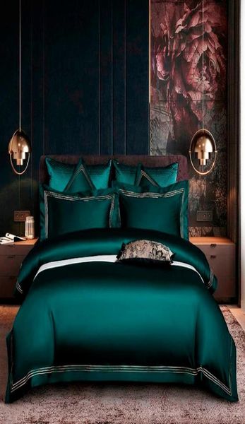 Conjunto de cubierta de dvoveta azul oscuro de color verde oscuro bordado Juego de ropa de cama de algodón egipcio suave de reina 4pcs 1 hoja de cama 2pillowcases C3264761