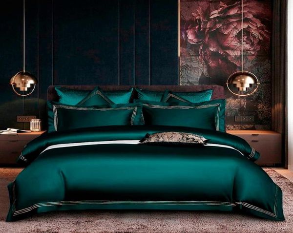 Conjunto de cubierta de dvoveta azul oscuro de color verde oscuro bordado Juego de ropa de cama de algodón egipcio suave tamaño 4pcs 1 hoja de cama 2pillowcases C5348712