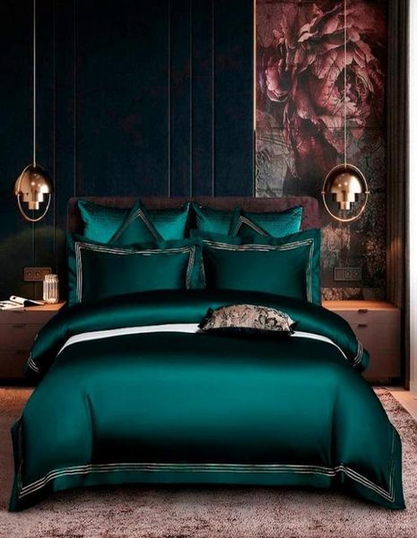Conjunto de cubierta de color azul verde oscuro bordado Juego de ropa de cama de algodón egipcio suave de Algodón de algodón Salling 4pcs 1bedsheet 2pillowcases C8455855