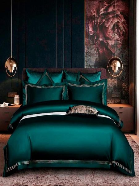 Conjunto de cubierta de color azul verde oscuro bordado Juego de ropa de cama de algodón egipcio suave Soft Algody Size 4pcs 1bedsheet 2pillowcases C9578269