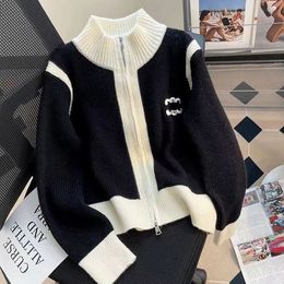 Bordado doble cremallera de cólera de punto ólogo para mujeres otoño nuevo color de manga larga casual de manga casual s --- xxl