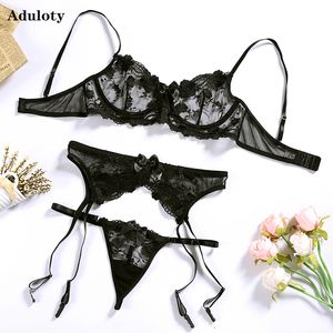 Geborduurde bloem pure mesh lingerie set dames kant ademende bureaus big boogbeha en kousenboard slipje 3ps 220513