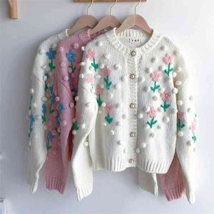 Brodé Fleur Printemps Automne Vintage Tricot Tricoté Cardigan Manteau Laine Boule Chandail Tops Femme Pull Femme 210514