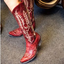 Brodé pour la haute cow-girl 398 Femmes talons bas de genoue chaussures glissées sur les bottes de cowboy ouest de l'orteil carré 230807 594
