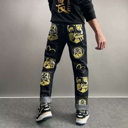 Broided Gold Skull Denim Slim Fit Straight Leg High Street Trendy Brand m Lucky God Jeans avec un beau pantalon brodé personnalisé 532610