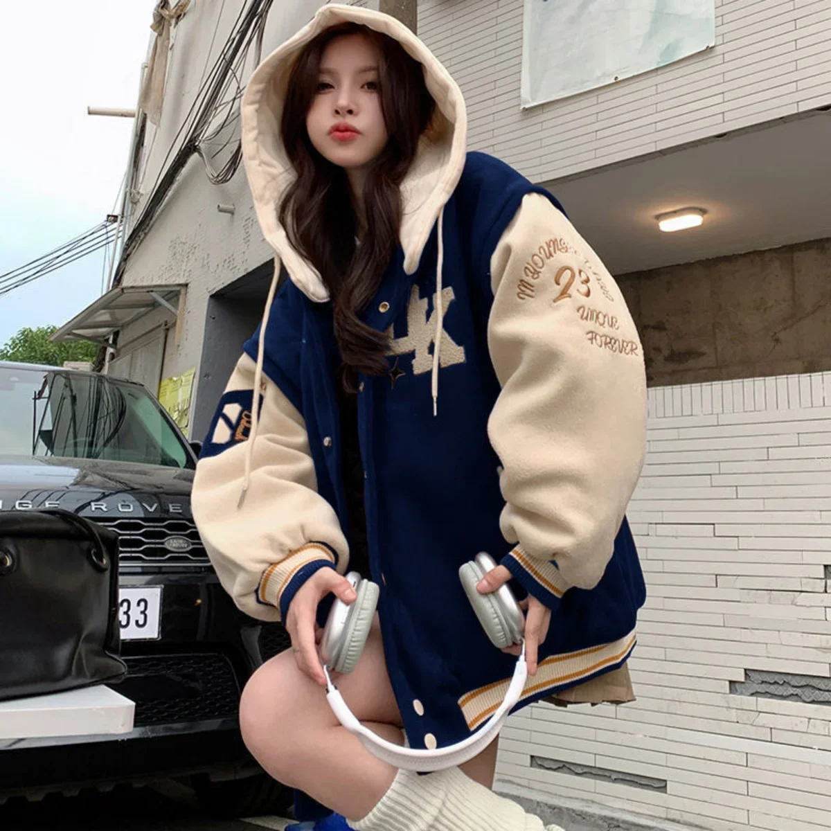 Embroidered Hooded Baseball Uniform Women's Winter 2023 New Student Couple American Retro Plus Velvet Casual Hooded Jacket Top