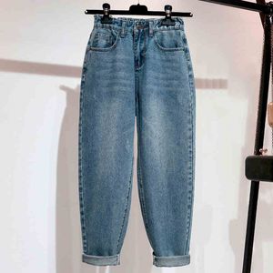 Geborduurde jeans vrouw hoge taille plus size losse volledige lengte mama jeans retro blauwe harem denim broek LJ201013