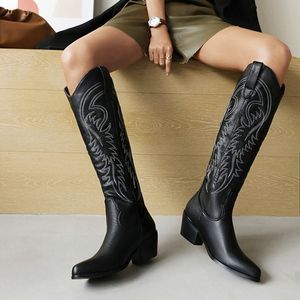 Geborduurde knie suede 415 dames high laarzen naakt zwarte vrouwen sexy puntige teen dikke hakken westerse cowboy ridder boot 230807