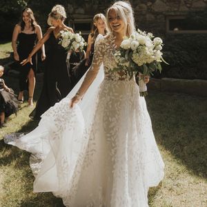 Vestidos de novia de encaje bordado, vestido de novia de ilusión de manga larga con cuello joya, apliques de hojas, vestido de boda campestre