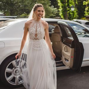 Robes De mariée en dentelle brodée, col licou, ligne A, en Tulle froncé, avec des appliques, dos nu, style bohème