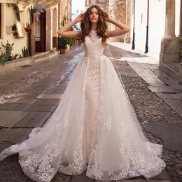 Gestickte Spitze am Netz mit Schleppe, V-Ausschnitt, ärmellos, Vintage-Brautkleider, luxuriös, abnehmbar, 2-in-1-Hochzeitskleid, Vestido de Novia