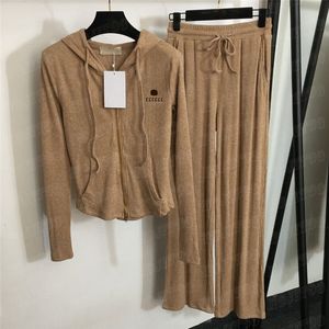 Pantalon Cardigan en tricot avec lettres brodées pour femmes, costumes décontractés pour femmes, Slim, fermeture éclair, manteau tricoté à capuche, pantalon large à Led, deux pièces