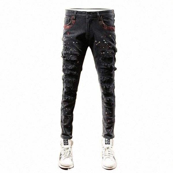 Nouveau style brodé trou noir patch imprimé motif d'embellissement beau jean homme jean déchiré O4Gk #