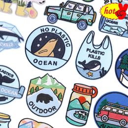 Patchs brodés pour vêtements océan sans plastique dauphin badges fer enfants Anime Parche lettre coudre rayures animaux Designer bleu