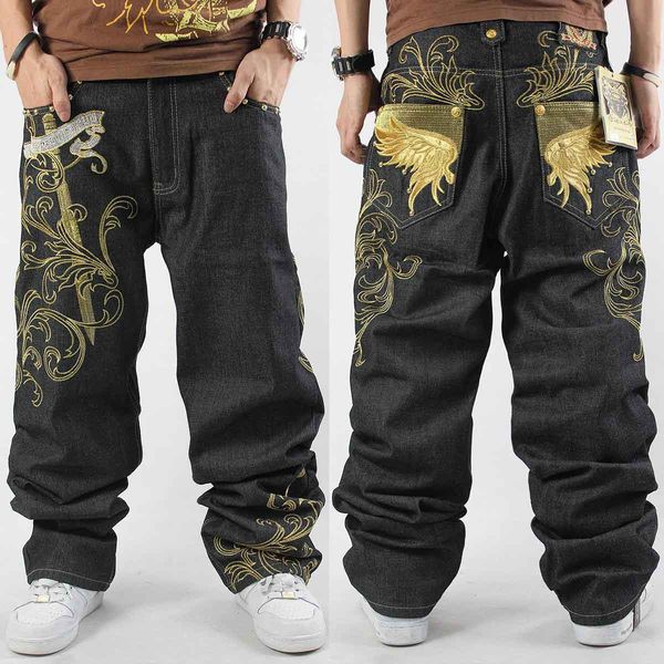 Patrón bordado Pantalones de jeans de hip-hop Hiphop Casual suelto más grasa Gran tamaño Skateboard Men Pantalones de jeans