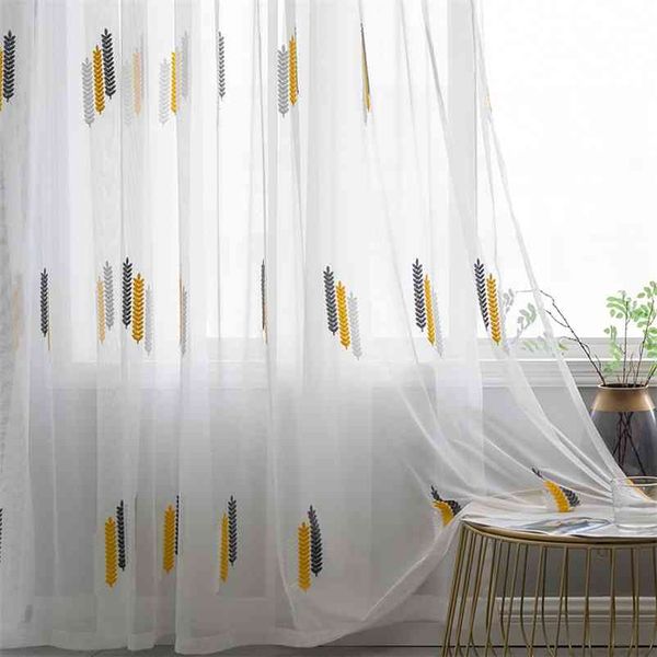 Cortinas transparentes bordadas Cortina de gasa moderna Sala de estar amarilla Dormitorio azul Cortinas de tul de ventana de hilo blanco 210913