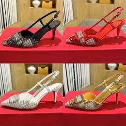 Pompe Slingback brodée avec cristaux 80mm femme noir rouge chaton talon chaussures habillées classiques boucle bouts pointus cheville strass sandale chaussures de créateurs de luxe