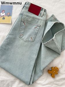 Geborduurd rechte baggy denim broek vrouwen casual hoge taille vintage jeans Koreaanse streetwear wassmode Kot Pantolones 240423