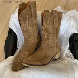 Geborduurde teen spike natuurlijke vrouwen leer handgemaakte puntige hiel herfst winter laarzen cowboy nieuwe westerse retro botas 2024 t230824 690