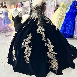 Geborduurde Fluwelen Quinceanera Jurk Afneembare Tule Mouwen Gouden Kant Bloemen Kweepeer Baljurk Korset Sweet 16 Verjaardagsfeestje Vestidos De 15 Anos Charro Mexicaans