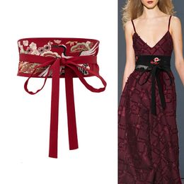 Ceinture large brodée pour femmes dames auto-cravate enveloppant autour de la bande Obi Cinch Boho ceintures en tissu robe 240309