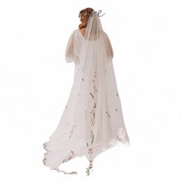 Broidered Wild Frs Secret Garden Floral Bridal Wedding Veils Cathedral LG avec peigne blanc ivoire tulle Red Green Leaves i1tg #