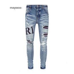 Broderie amiirii jeans violet masculin mens jean 2024 demin lettre perforée patch mode tendance mens oeev
